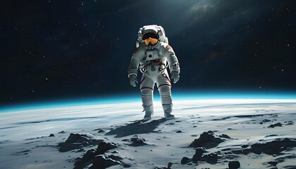 Wall Mural - Astronaut navigating the vast expanse of space with Earth contrasting against the dark cosmos, embodying the spirit of exploration and discovery.