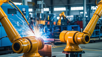 A robotic workshop with two yellow robot arms welding metal parts on an electric beam, surrounded by other factory machinery