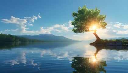 Wall Mural - Serene lake with a lone tree under a radiant sun, embodying calmness, peace, solitude, and a deep connection with nature in a surreal landscape.