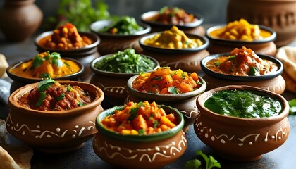 Assorted Indian curries served in traditional clay pots