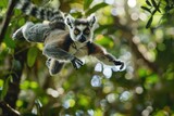 Ring-tailed lemur mid-air leap in lush green forest canopy AI