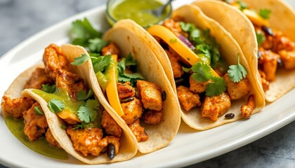 Wall Mural - plate of spicy chicken tacos with a side of salsa verde.