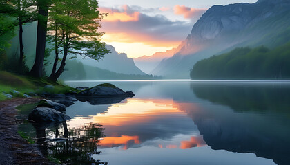 Calm lakeside scenery with mountains and nature in the morning light.