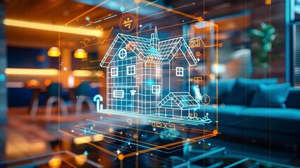 Leinwandbilder - This visual showcases a futuristic smart home design projected in a contemporary living room, highlighting interactive technologies and modern aesthetics.