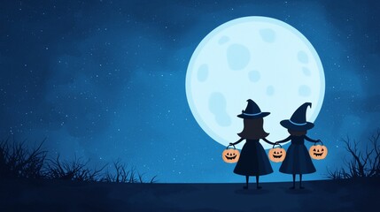 two witches standing under full moon with jack o lanterns on halloween night