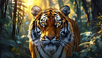 Wall Mural - Majestic tiger gazing through the jungle, illuminated by radiant sunlight