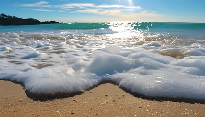 Sunny beach bliss with crashing waves and warm sandy shores