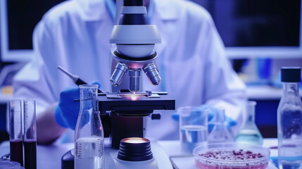 scientist in lab coat examining microscope with bacteria samples in petri dish, symbolizing disease 