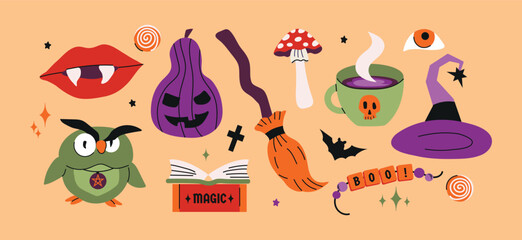 Set collection of Halloween hand drawn elements icon clipart avatar logotype isolated on light background