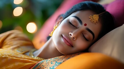 Indian woman in a traditional saree peacefully sleeping on a bed with soft, ambient lighting and colorful cushions