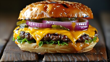 Canvas Print - Irresistibly juicy cheeseburger grilled to perfection, showcasing melted cheese and fresh toppings in a mouthwatering delight