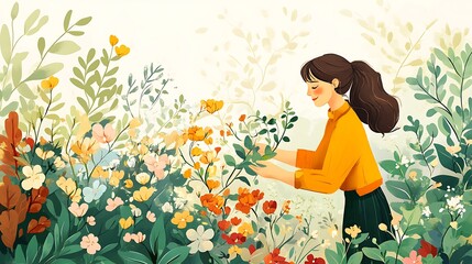 A young woman in an orange shirt and black skirt stands in a field of yellow, orange, pink, and white flowers. She is smiling and looking down at the flowers.