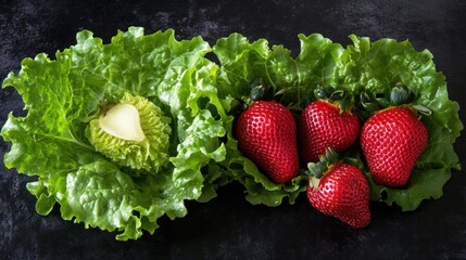 Wall Mural - Fresh Red Strawberries and Green Lettuce on a Black Background