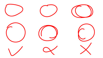 Wall Mural - Set of hand drawn red circles and ovals. Highlight hand drawing circle isolated on white background. Round handwritten circle. For marking text, note, mark icon, vector. Vector illustration