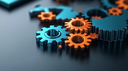 a close-up of blue and orange metal gears interlocking on a glossy surface symbolizing teamwork, eng