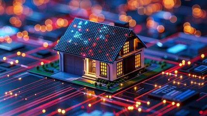 Leinwandbilder - A small, glowing house sits atop a vibrant circuit board, illustrating the concept of smart home technology and automation in a digitally enhanced environment.