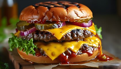 Canvas Print - Irresistibly juicy cheeseburger grilled to perfection, showcasing melted cheese and fresh toppings in a mouthwatering delight