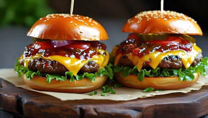 Canvas Print - Irresistibly juicy cheeseburger grilled to perfection, showcasing melted cheese and fresh toppings in a mouthwatering delight