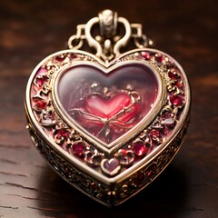 A close-up of an antique heart-shaped locket adorned with intricate red gemstones. The ornate design reflects vintage elegance, making it a symbol of timeless love and cherished memories. The locket