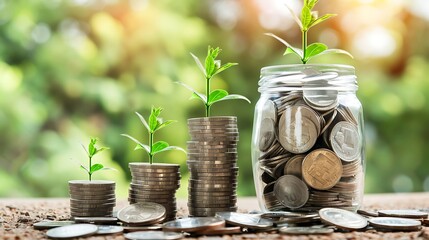 Growth of money and savings, with plants growing from stacks of coins, symbolizing financial prosperity and investment.