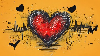 Poster - A colorful heart illustration features a bold red heart shape surrounded by a heartbeat line, set against a bright yellow background filled with artistic splashes.