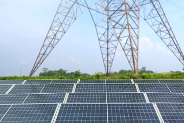 A solar panel or solar cell with high voltage electric transmission is shown on a cloudy day. The sky is overcast and the sun is not visible. Photovoltaic module