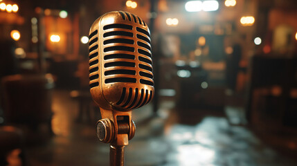 Close-up of retro microphone at concert, Retro style microphone on background
