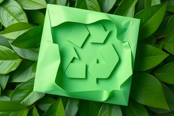 A recycling symbol embossed on green paper, placed among vibrant green leaves, symbolizing eco-friendly practices and sustainability in nature.