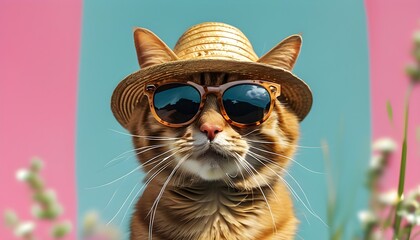 Wall Mural - Stylish cat in sunglasses and straw hat embraces summer vibes