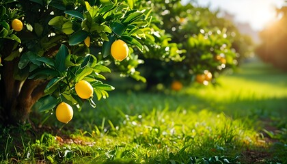 Wall Mural - Vibrant lemon tree with ripe fruit in a sun-drenched, lush orchard filled with warmth and natural beauty