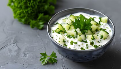 Wall Mural - Creamy tzatziki sauce garnished with fresh parsley against a textured grey backdrop