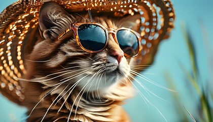 Wall Mural - Stylish cat in sunglasses and straw hat embraces summer vibes