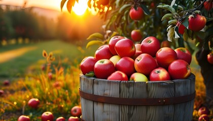 Wall Mural - Sunset glow over a wooden barrel brimming with ripe red apples in a picturesque orchard.