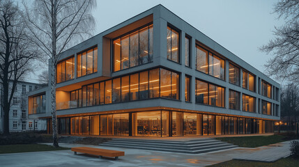 Aufkleber - Modern office building exterior glowing at twilight