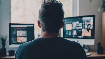 Fototapete - Programmer working from home office using multiple monitors