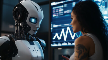 Fototapete - Computer engineer having conversation with ai humanoid robot about project