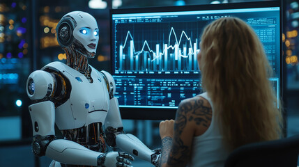 Poster - Female computer engineer having discussion with ai humanoid robot about financial data shown on the screen