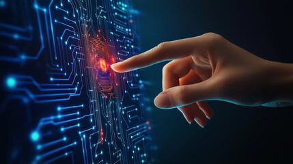Poster - Engineer touching cpu microchip on futuristic circuit board