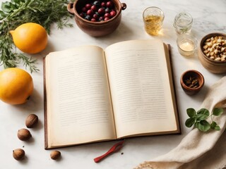 Antique recipe book blank on white table.