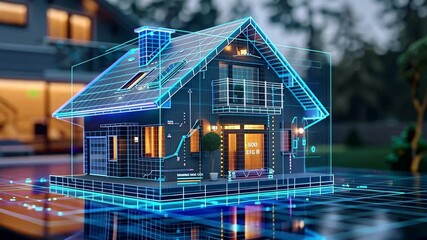 Poster - A detailed three-dimensional digital model of a contemporary house is displayed, highlighting its architectural features and design elements as twilight sets in.