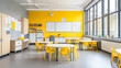 © Andres Mejia - Modern empty school classroom with yellow walls and chairs