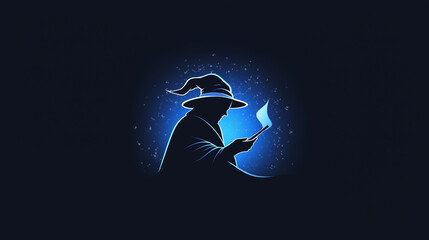 Mysterious wizard browsing internet on smartphone with magic light effect