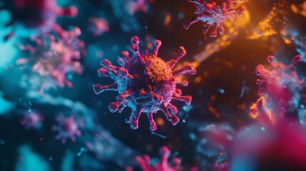 Depict a close-up view of a virus particle, showcasing its intricate structure with vibrant colors and sharp details, set against a dark, ominous background to emphasize the microscopic threat 