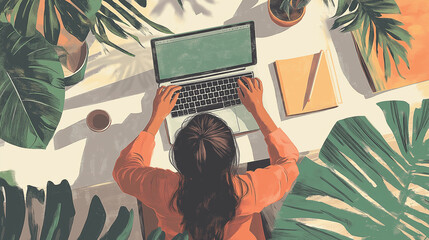 Aufkleber - Woman working from home office surrounded by plants illustration