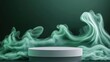 © niti - White podium with abstract green liquid forms, dark green backdrop, dynamic motion concept
