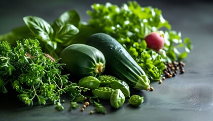 Poster - Vibrant dark green vegetables and herbal supplements showcasing a commitment to health and wellness on a sleek matte background