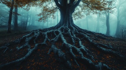 Wall Mural - Ancient Tree Roots in a Foggy Forest