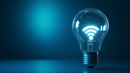 light bulb with wifi symbol is glowing on blue background