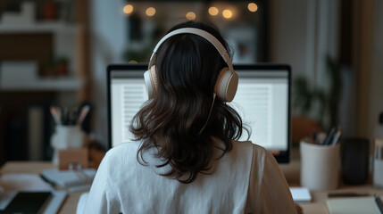 Young woman wearing headphones working from home office using laptop computer