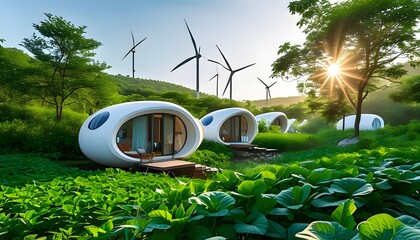 innovative eco-village featuring modern pod-like homes amidst lush greenery and wind turbines under 